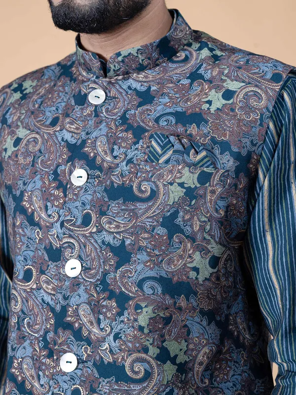 Amazing teal blue silk printed waistcoat set