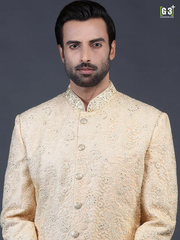 Amazing yellow net sherwani for wedding