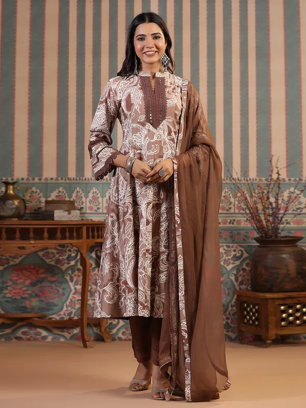 Anarkali style brown cotton kurti set