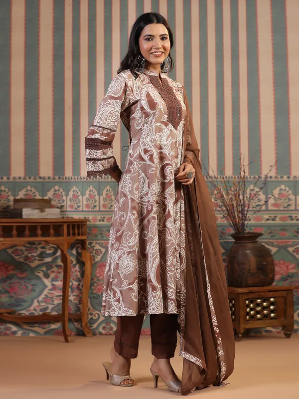Anarkali style brown cotton kurti set
