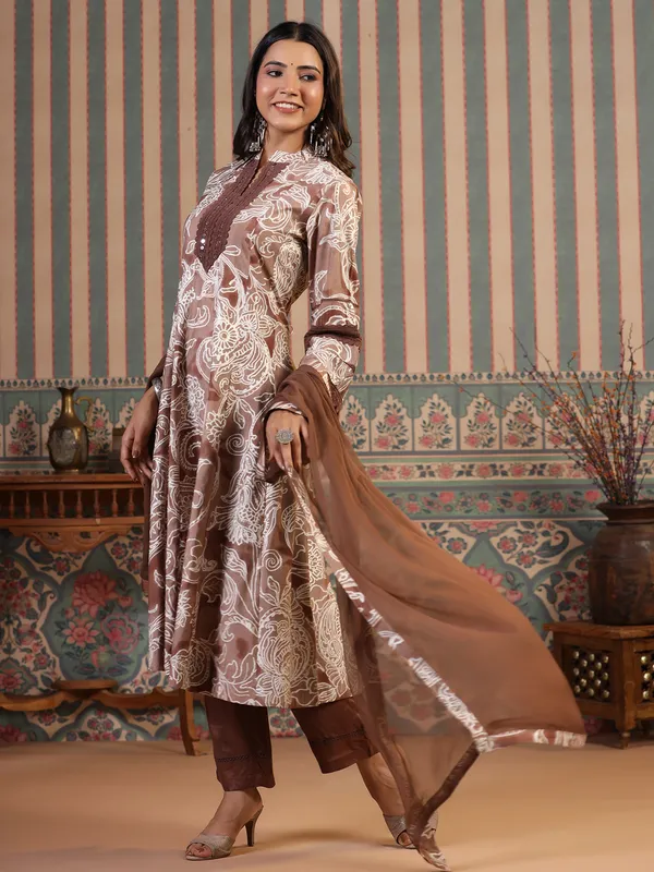 Anarkali style brown cotton kurti set
