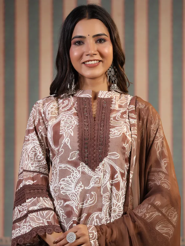 Anarkali style brown cotton kurti set