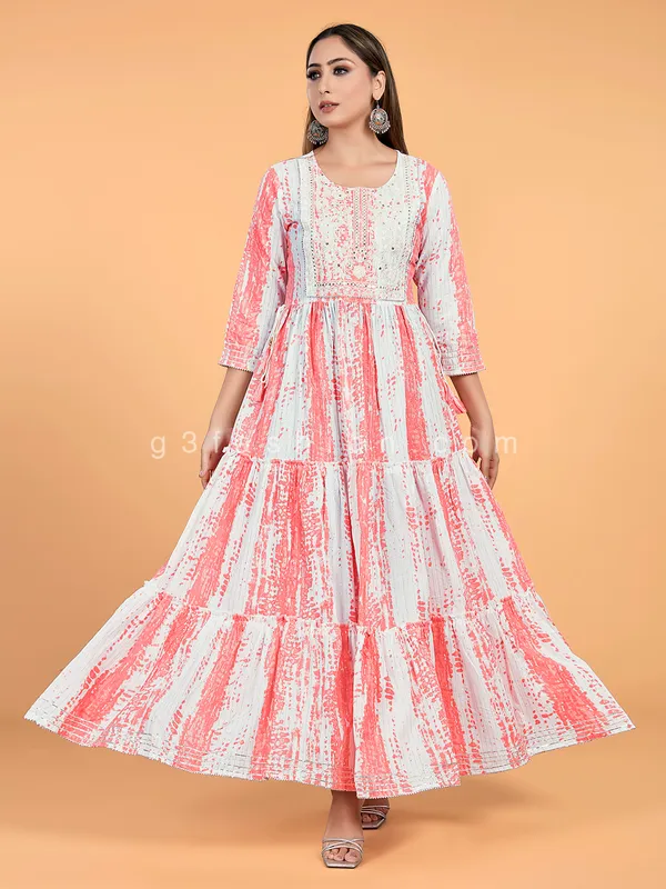 Anarkali style peach and white cotton kurti