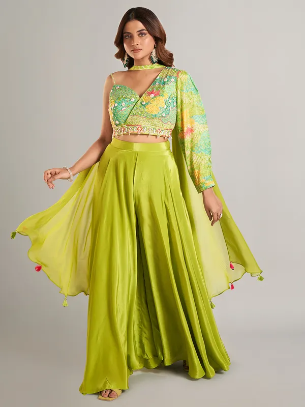 Android green satin palazzo suit
