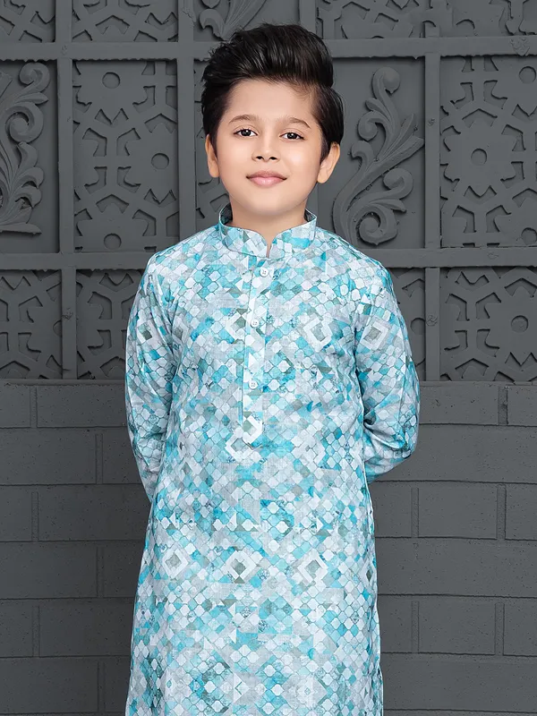 Aqua and grey printed cotton kurta suit