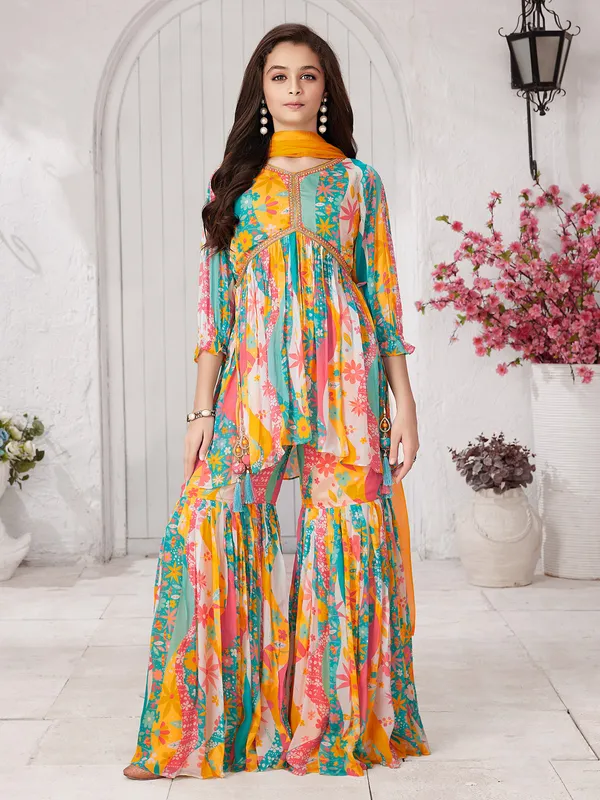 Aqua and yellow alia cut sharara set