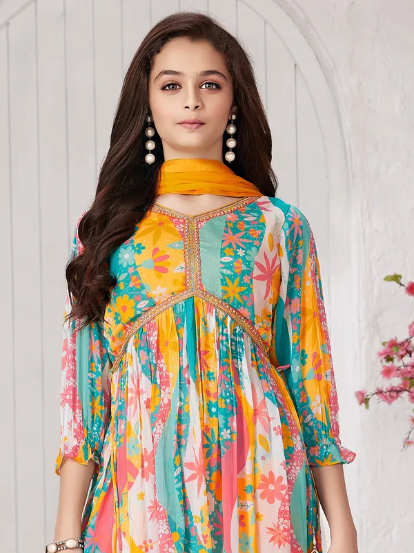 Aqua and yellow alia cut sharara set