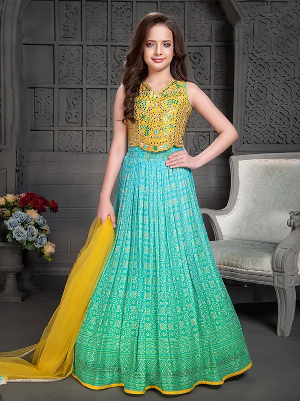 Aqua and yellow printed georgette lehenga choli