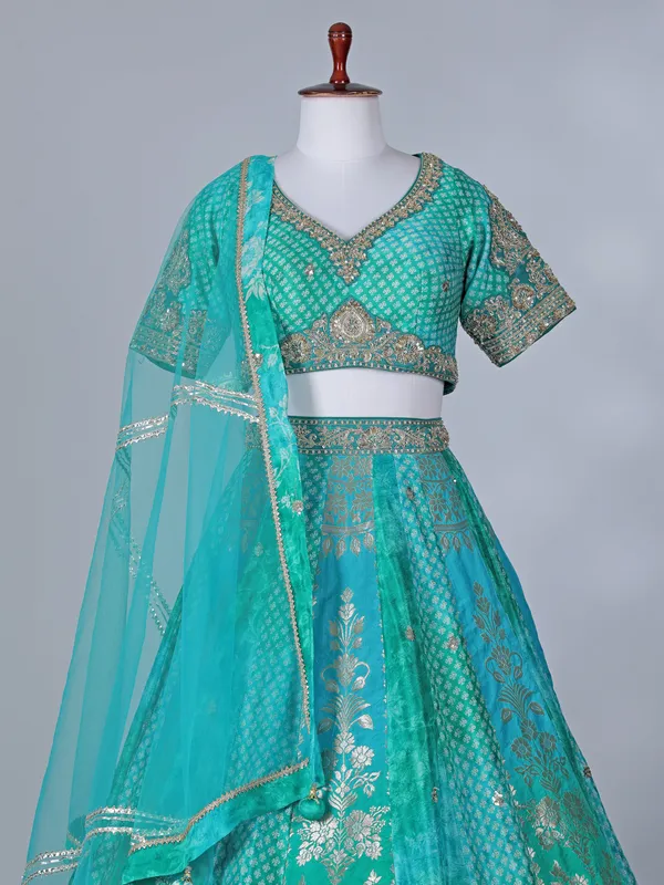 Aqua banarasi silk wedding wear lehenga choli