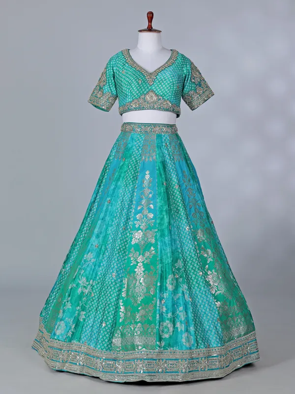 Aqua banarasi silk wedding wear lehenga choli