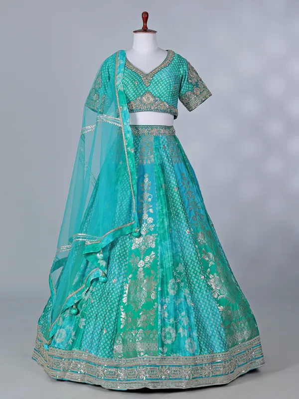 Aqua banarasi silk wedding wear lehenga choli