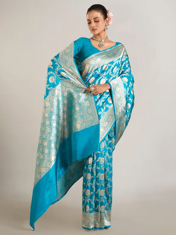 Aqua banarasi silk wedding wear saree in zari work