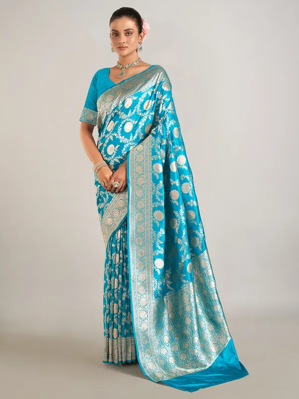 Aqua banarasi silk wedding wear saree in zari work