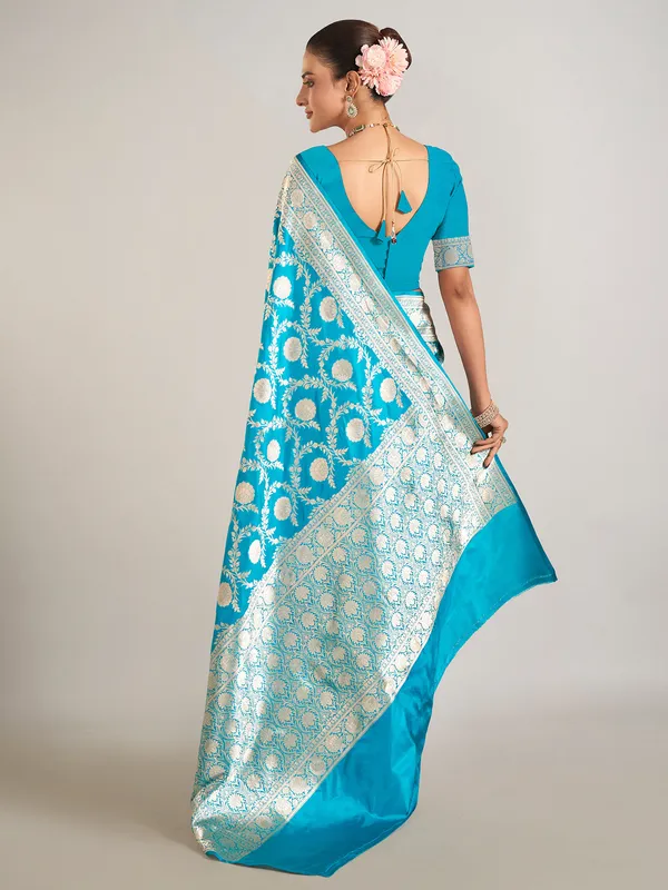 Aqua banarasi silk wedding wear saree in zari work
