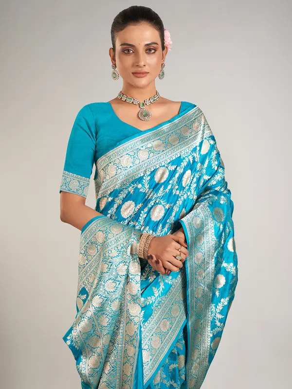 Aqua banarasi silk wedding wear saree in zari work