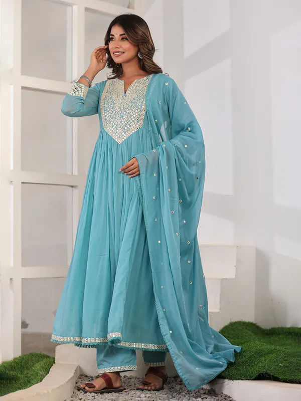 Aqua bloom cotton silk kurti set