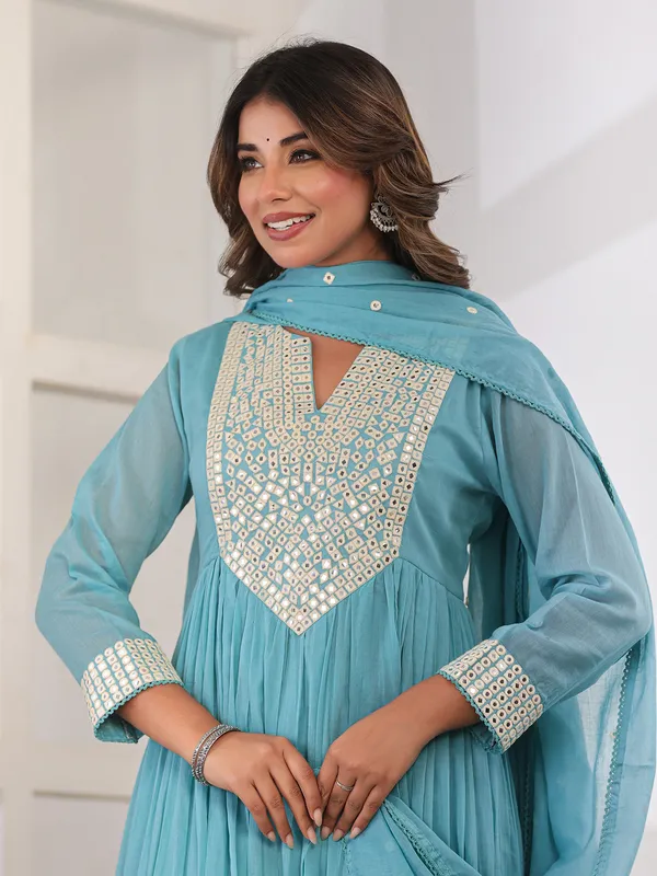 Aqua bloom cotton silk kurti set