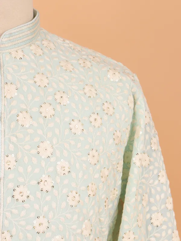 Aqua blue embroided cotton kurta set for men