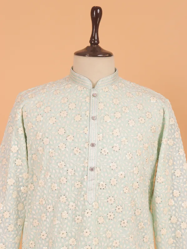 Aqua blue embroided cotton kurta set for men