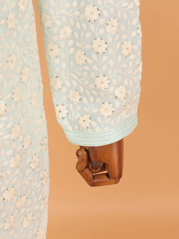 Aqua blue embroided cotton kurta set for men