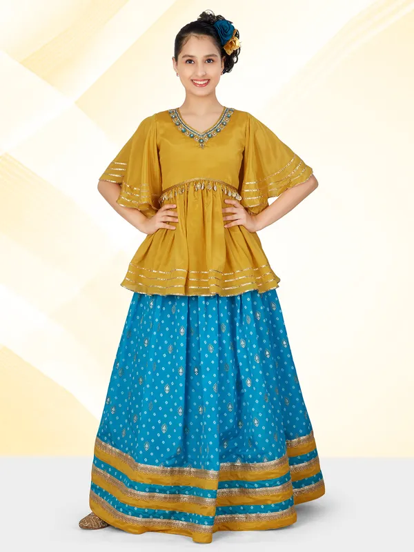 Aqua blue pepulm style lehenga choli for girls