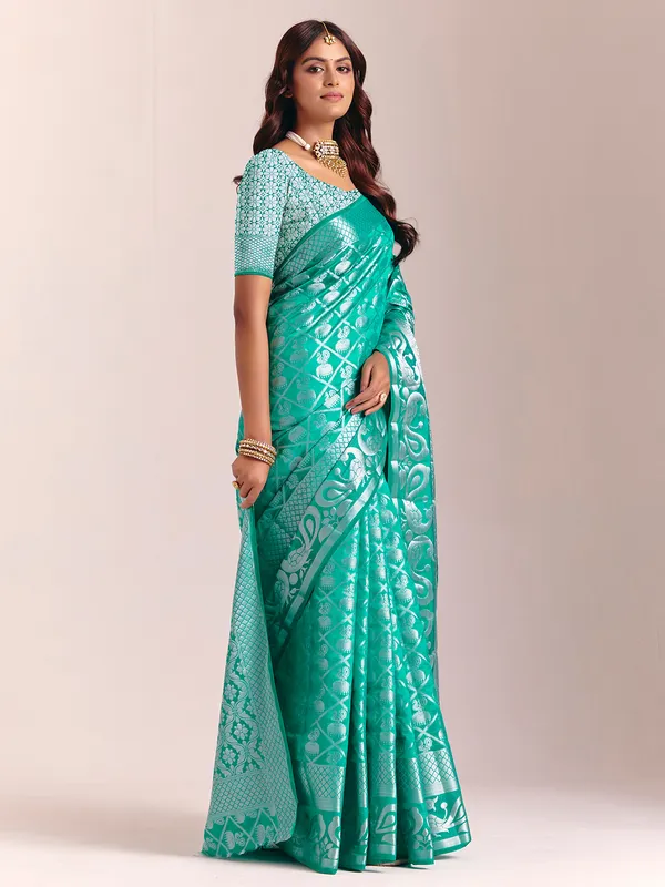 Aqua blue silk saree with zari shine