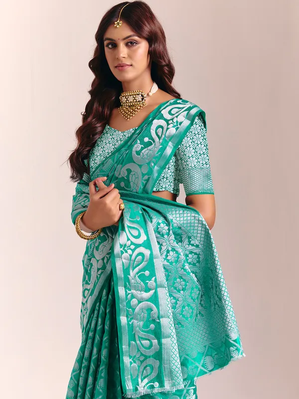 Aqua blue silk saree with zari shine