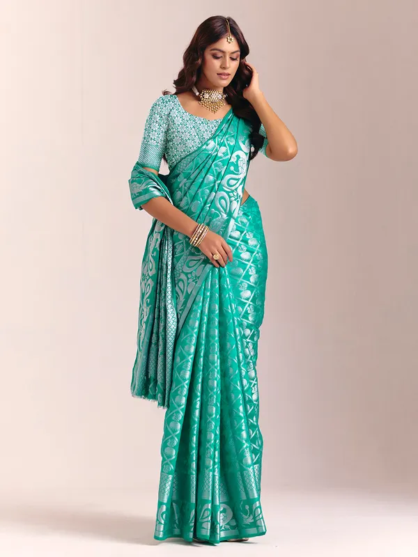 Aqua blue silk saree with zari shine
