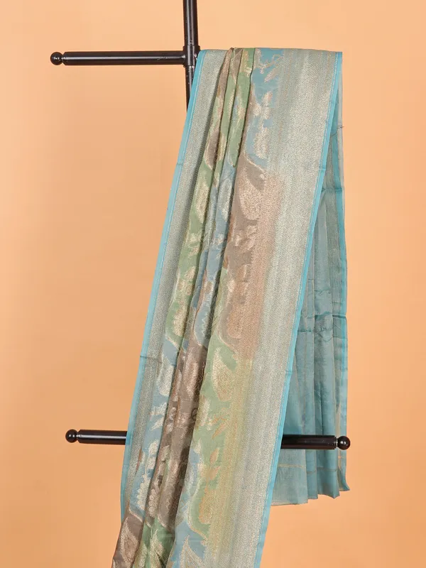 Aqua blue silk saree with zari work
