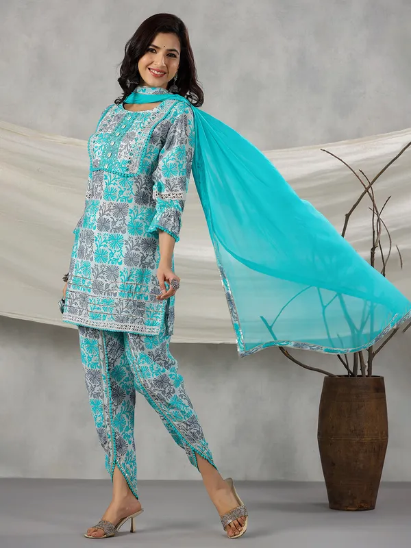 Aqua cotton printed dhoti set