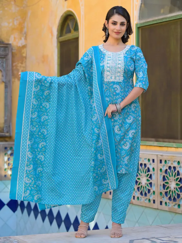 Aqua cotton printed kurti set for women
