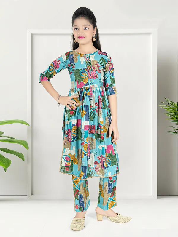 Aqua cotton printed salwar suit