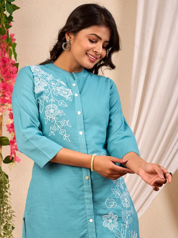 Aqua cotton silk kurti set with thread work