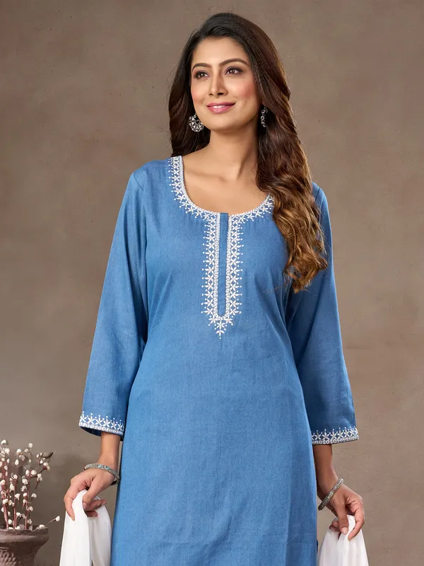 Aqua cotton silk salwar suit with embroidery work