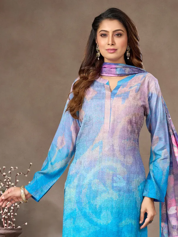 Aqua cotton silk salwar suit with stand collar