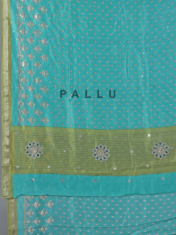 Aqua cotton silk saree for festive wear