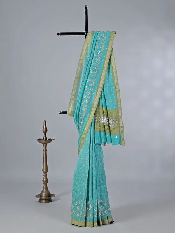 Aqua cotton silk saree for festive wear