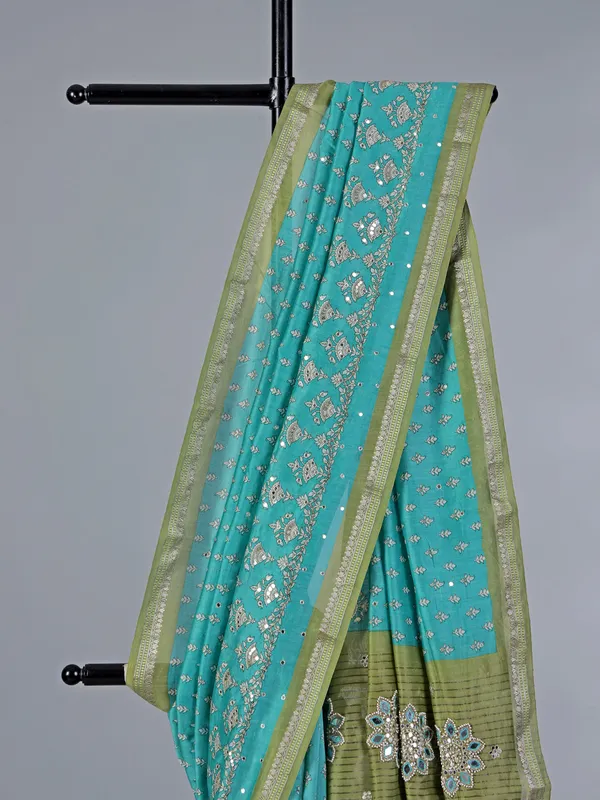 Aqua cotton silk saree for festive wear