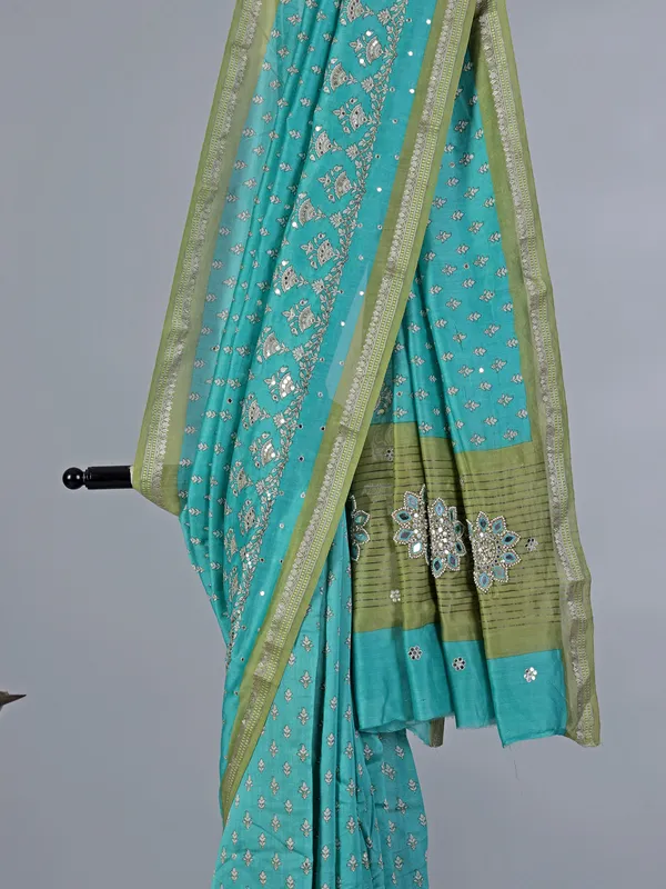 Aqua cotton silk saree for festive wear