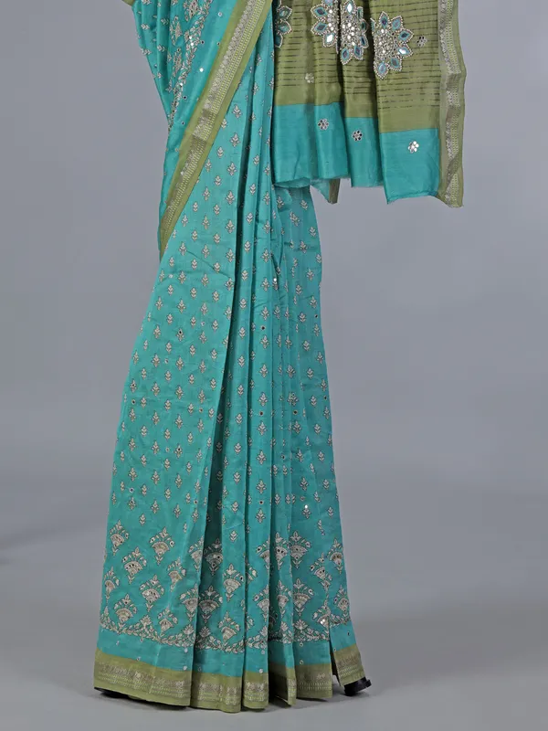 Aqua cotton silk saree for festive wear