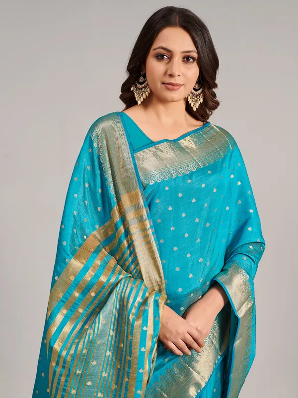 Aqua cotton silk saree with zari work