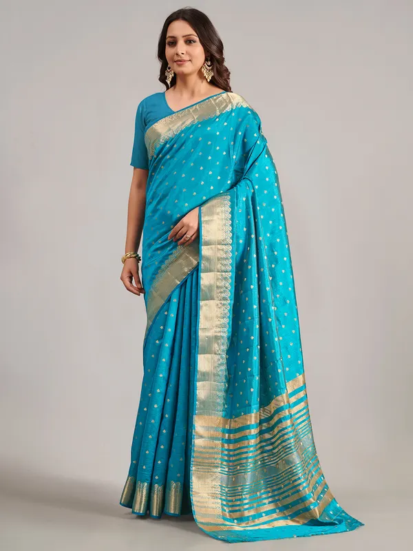 Aqua cotton silk saree with zari work
