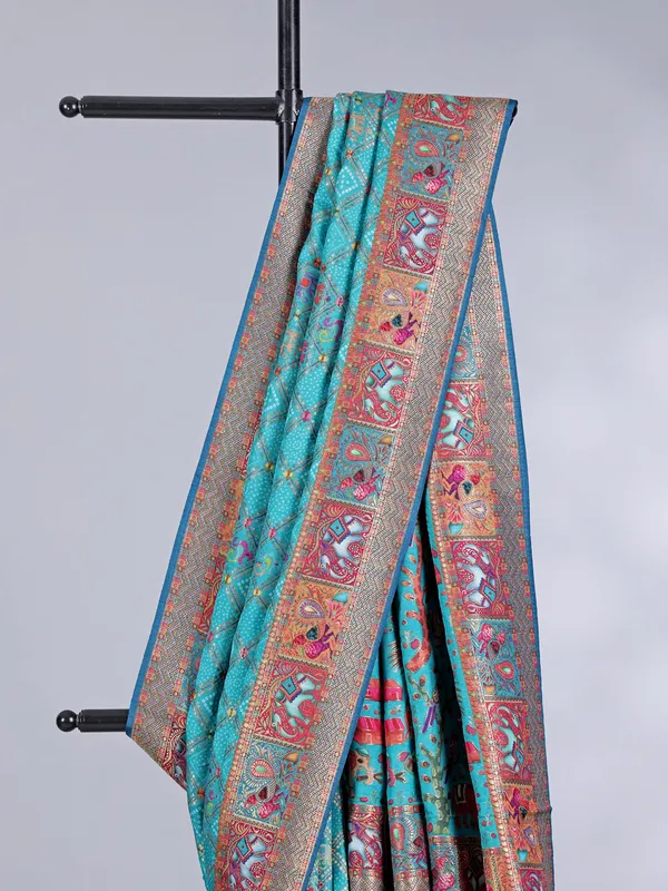 Aqua dola silk saree with colorful motifs