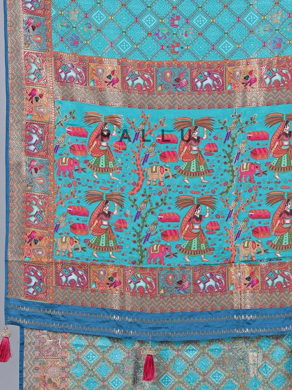 Aqua dola silk saree with colorful motifs
