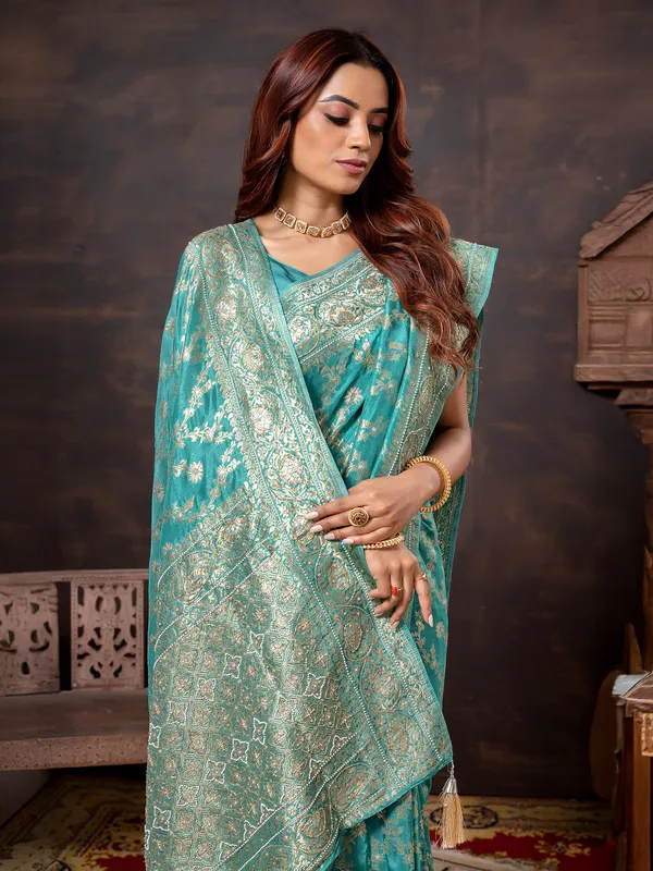 Aqua dola silk saree with cutdana work