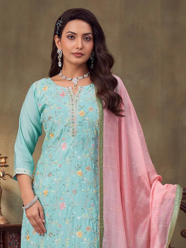 Aqua embroidered silk salwar suit with pant and dupatta