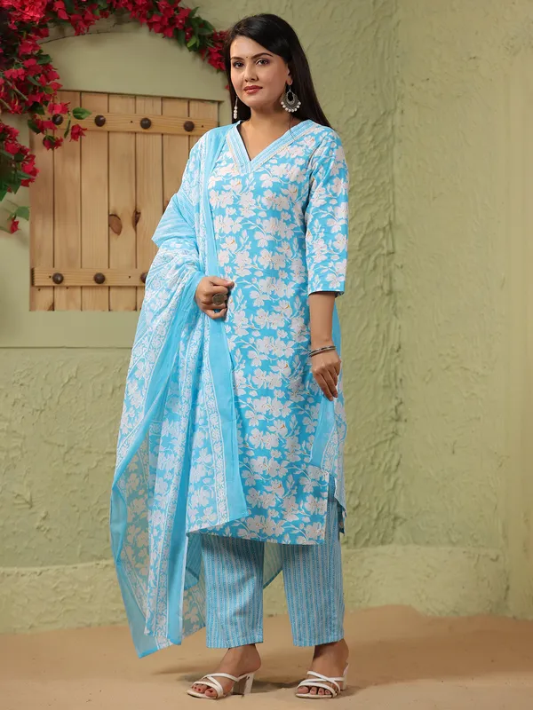 Aqua floral printed silk kurti set with printed dupatta