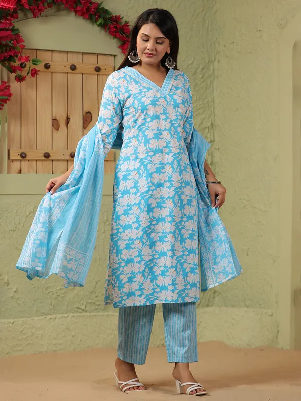 Aqua floral printed silk kurti set with printed dupatta