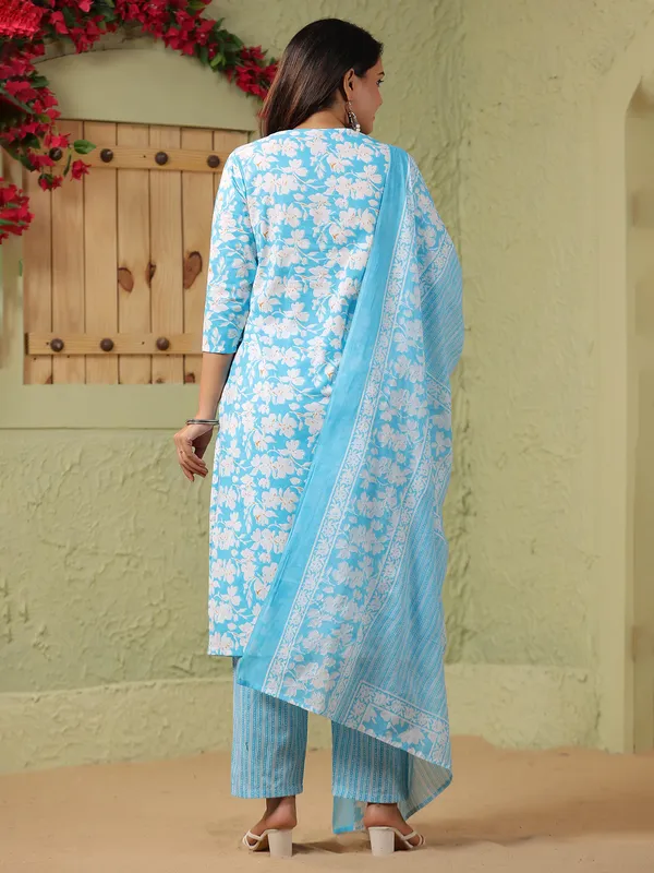 Aqua floral printed silk kurti set with printed dupatta