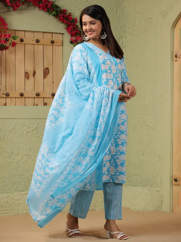 Aqua floral printed silk kurti set with printed dupatta